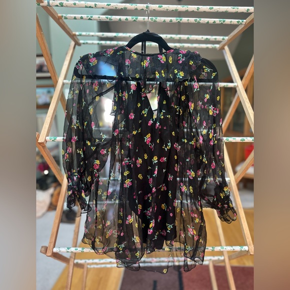 Johnny Was XL Black Mesh Blouse with Pink Floral Detail & Liner - Picture 3 of 3